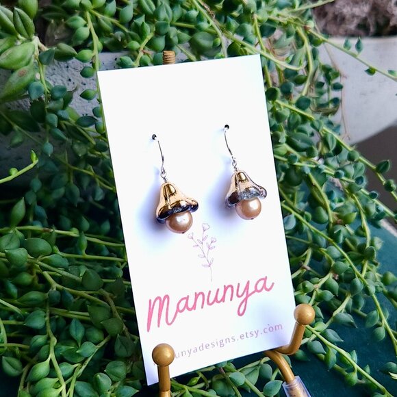 Pearl Petal Earrings - Champagne Pearl & Fluted Glass Flower | Sterling Silver - Picture 2 of 5